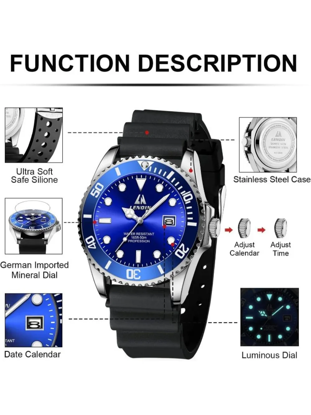 Men's Silver Blue Stainless Steel Waterproof Analog Quartz Stylish Wrist Watch